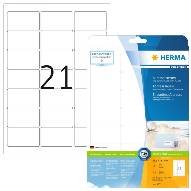 Herma 8632 Étiquettes 63,5 x 38,1 Premium A4 210 pièces Blanc Herma 8632 Étiquettes 63,5 x 38,1 Premium A4 210 pièces Blanc