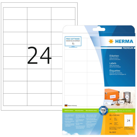 Herma 8633 Étiquettes 66 x 33,8 Premium A4 240 pièces Blanc