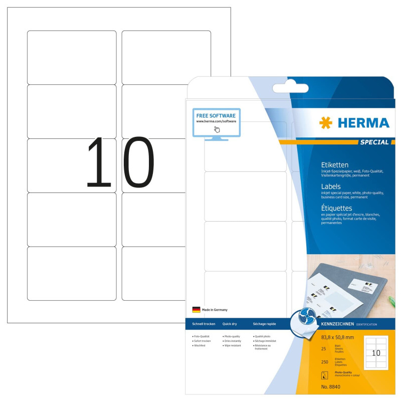 Herma 8840 Étiquettes jet d'encre 83,8 x 50,8 A4 250 pièces Blanc