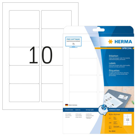 Herma 8840 Étiquettes jet d'encre 83,8 x 50,8 A4 250 pièces Blanc
