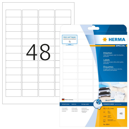 Herma 8864 Étiquettes jet d'encre 45,7 x 21,2 A4 1200 pièces Blanc
