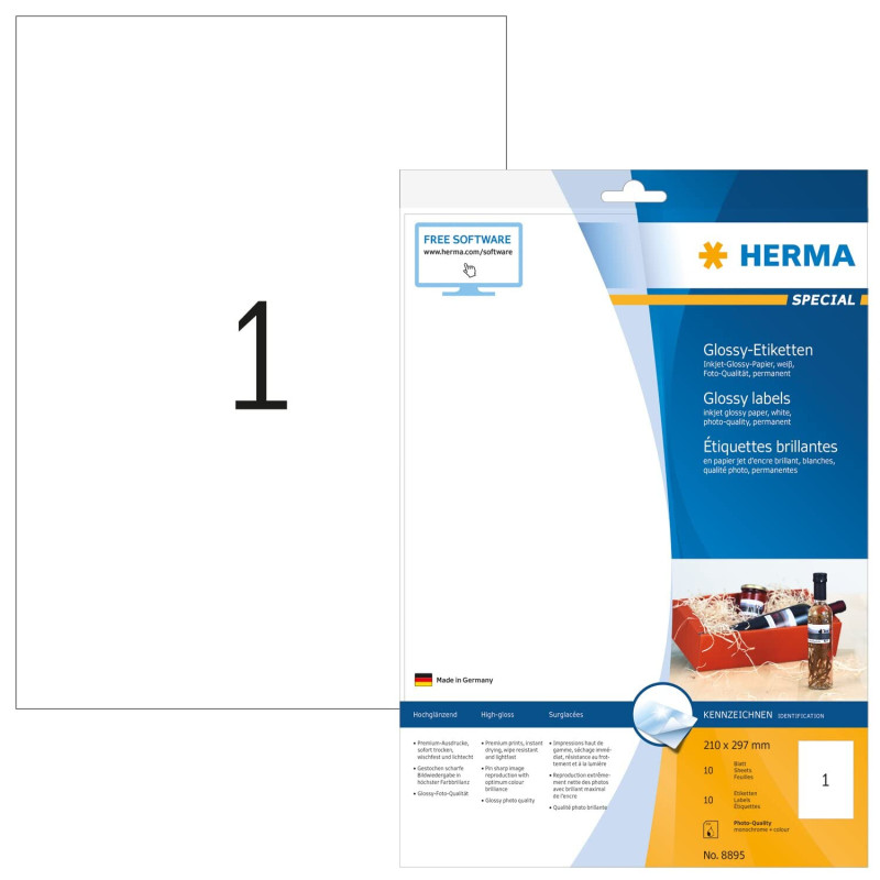 Herma 8895 Étiquettes jet d'encre brillantes 210 x 297 A4 10 pièces Blanc Herma 8895 Étiquettes jet d'encre brillantes 210 x 297 A4 10 pièces Blanc