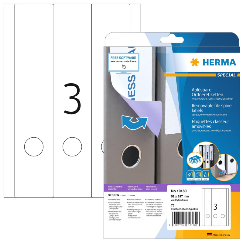 Herma 10180 Étiquettes classeur movables/amovibles 59 x 297 A4 75 pièces Blanc