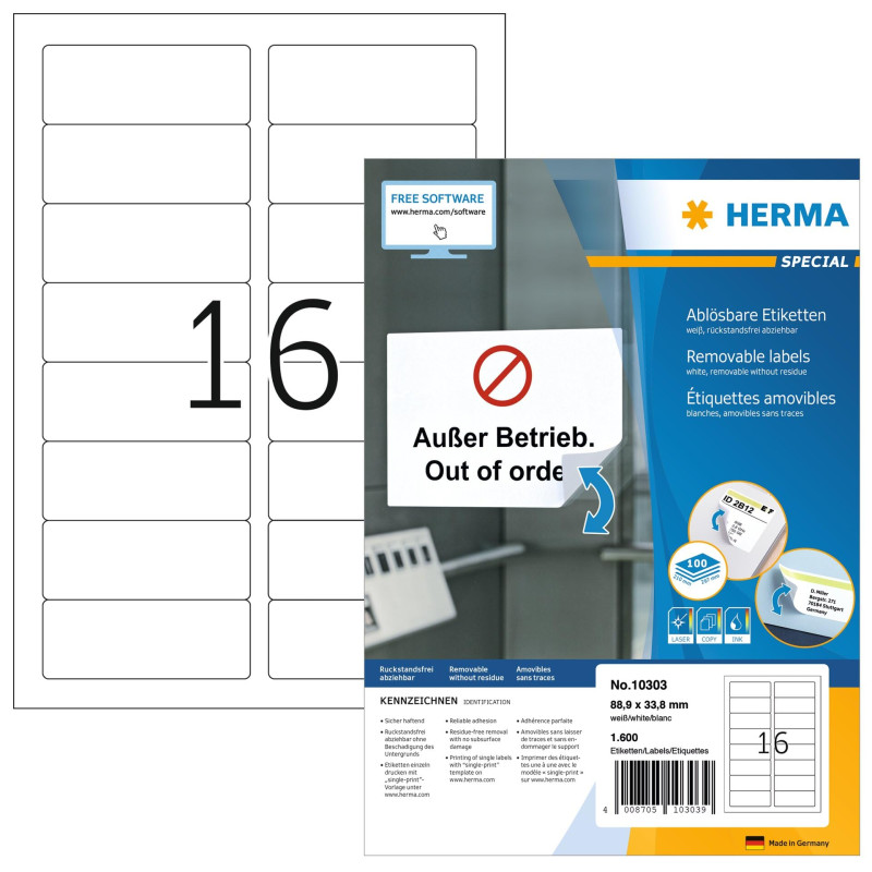 Herma 10303 Étiquettes movables/amovibles 88,9 x 33,8 A4 1600 pièces Blanc Herma 10303 Étiquettes movables/amovibles 88,9 x 33,8 A4 1600 pièces Blanc