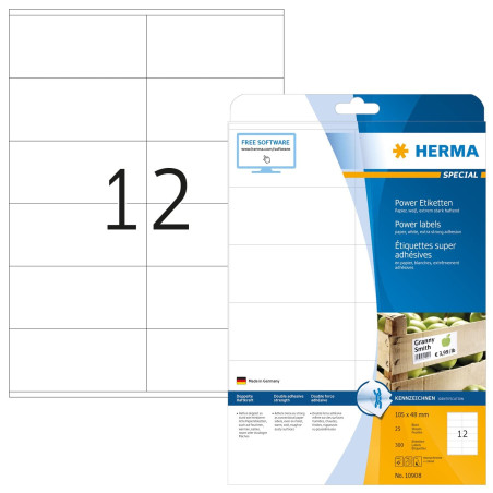 Herma 10908 Étiquettes super adhésives 105 x 48 A4 300 pièces Blanc