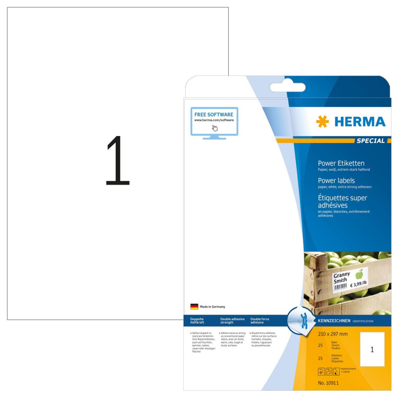 Herma 10911 Étiquettes super adhésives 210 x 297 A4 25 pièces Blanc Herma 10911 Étiquettes super adhésives 210 x 297 A4 25 pièces Blanc