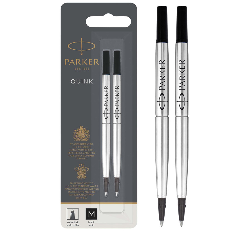 Parker recharges pour stylo roller | pointe moyenne | encre noire QUINK | lot de 2 Parker recharges pour stylo roller | pointe moyenne | encre noire QUINK | lot de 2