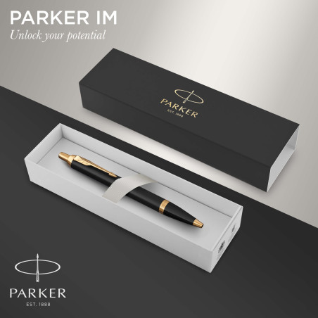Parker IM stylo bille | laque noire avec attributs or | pointe moyenne| encre bleu | coffret cadeau