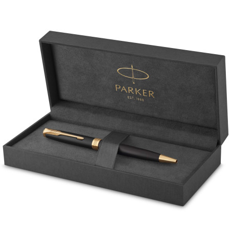 Parker Sonnet stylo bille luxe | laque noir mat avec attributs or | pointe moyenne | encre noir | coffret cadeau