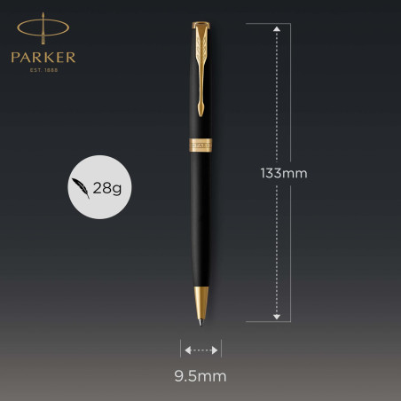 Parker Sonnet stylo bille luxe | laque noir mat avec attributs or | pointe moyenne | encre noir | coffret cadeau