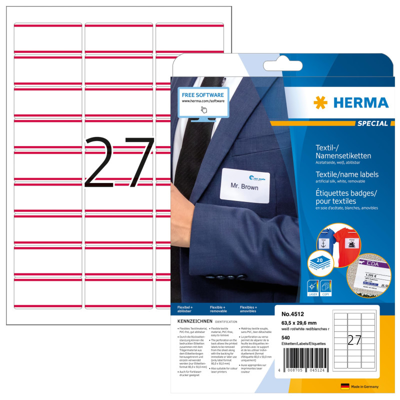 HERMA - Pochette de 540 badges autocollantes pour textile, En soie d'acétate (63,5 x 29,6 mm) Personnalisables et imprimables, I HERMA - Pochette de 540 badges autocollantes pour textile, En soie d'acétate (63,5 x 29,6 mm) Personnalisables et imprimables, I