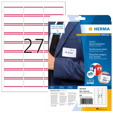 HERMA - Pochette de 540 badges autocollantes pour textile, En soie d'acétate (63,5 x 29,6 mm) Personnalisables et imprimables, I