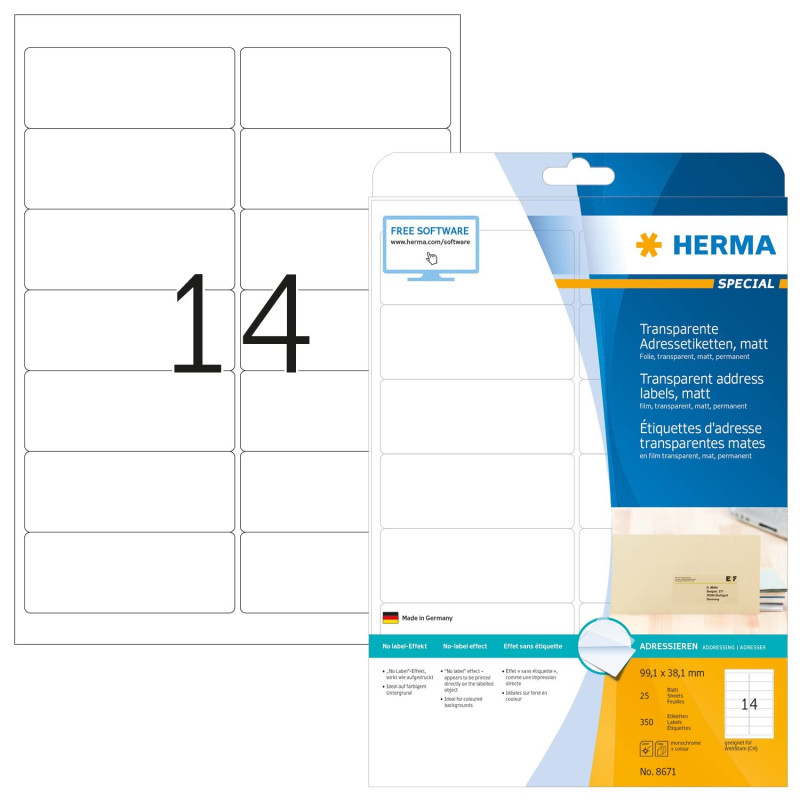 HERMA 8671 Etiquette d'adresse en plastique coin arrondi A4 99,1 x 38,1 mm 350 pièces Transparent Mat HERMA 8671 Etiquette d'adresse en plastique coin arrondi A4 99,1 x 38,1 mm 350 pièces Transparent Mat
