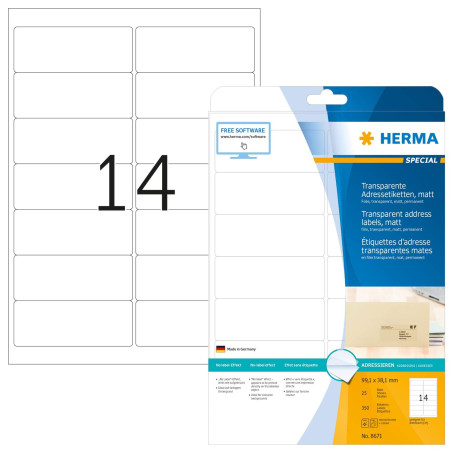 HERMA 8671 Etiquette d'adresse en plastique coin arrondi A4 99,1 x 38,1 mm 350 pièces Transparent Mat