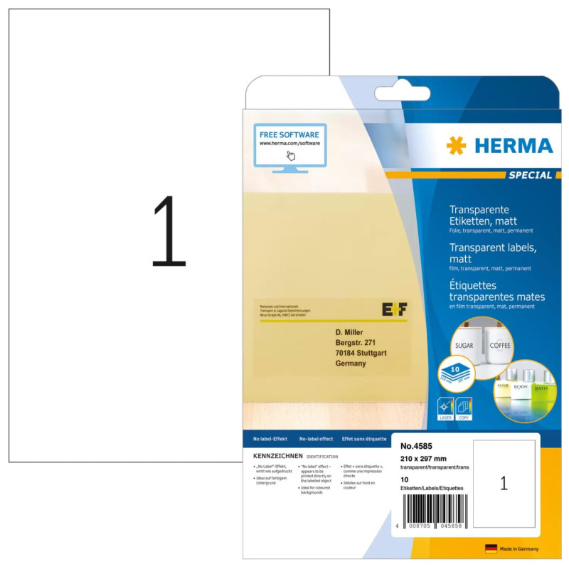 HERMA 4585 étiquettes autocollantes en film transparent, 1 étiquette par feuille A4, 10 feuilles, 210 x 297 mm, 10 étiquettes vi HERMA 4585 étiquettes autocollantes en film transparent, 1 étiquette par feuille A4, 10 feuilles, 210 x 297 mm, 10 étiquettes vi