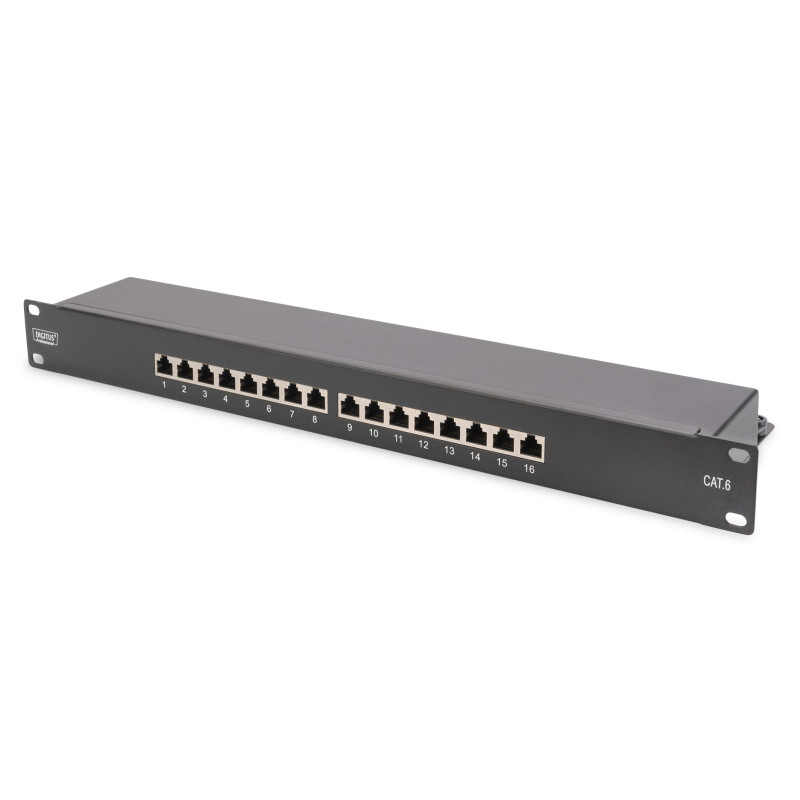 DIGITUS Panneau de brassage - 19 pouces - Cat-6-16 ports RJ45 - Blindé - Panneau de brassage LSA - Montage en rack 1U - Noir DIGITUS Panneau de brassage - 19 pouces - Cat-6-16 ports RJ45 - Blindé - Panneau de brassage LSA - Montage en rack 1U - Noir