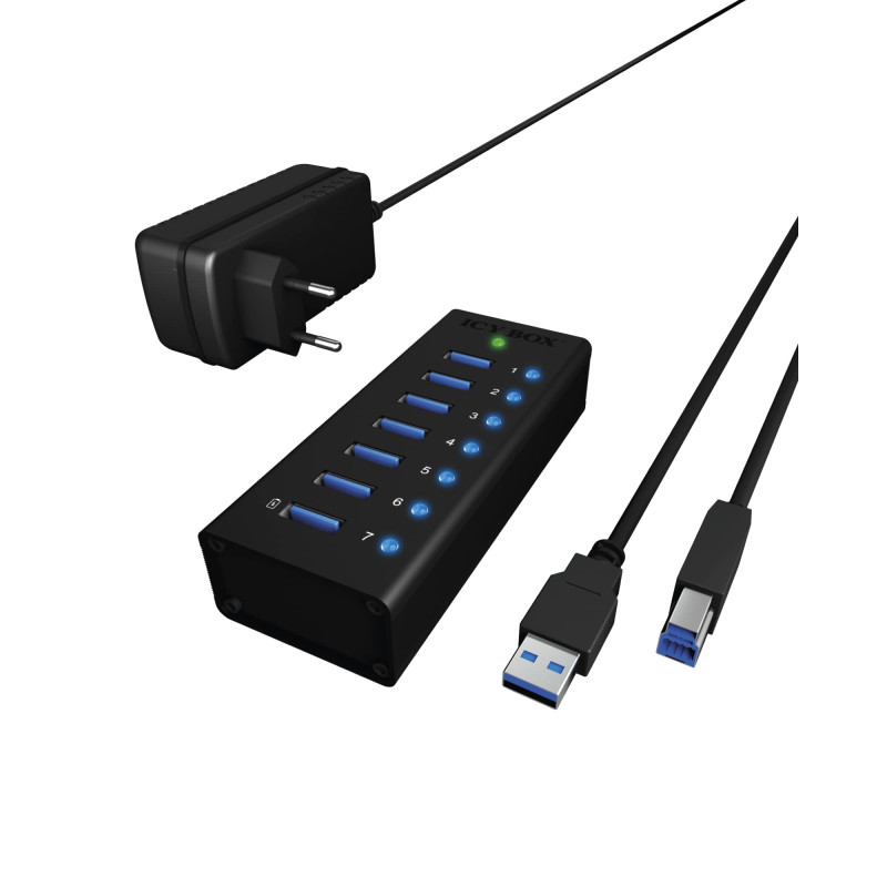 ICY BOX Hub USB 3.0 7 ports avec adaptateur secteur 12 V / 3 A, boîtier en aluminium et port de charge USB, IB-AC618 ICY BOX Hub USB 3.0 7 ports avec adaptateur secteur 12 V / 3 A, boîtier en aluminium et port de charge USB, IB-AC618