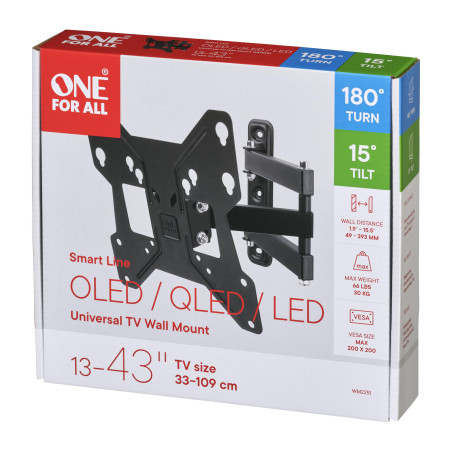 One For All Support Plat Smart de orientable à 180° et inclinable - Fixation Murale - Écrans de 13 à 43 Pouces - Tous Types de t