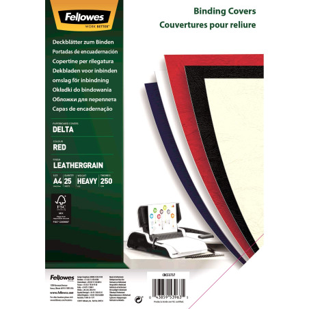 Fellowes - 5373702 - Pack de 25 Couvertures Grain Cuir - A4 - Rouge