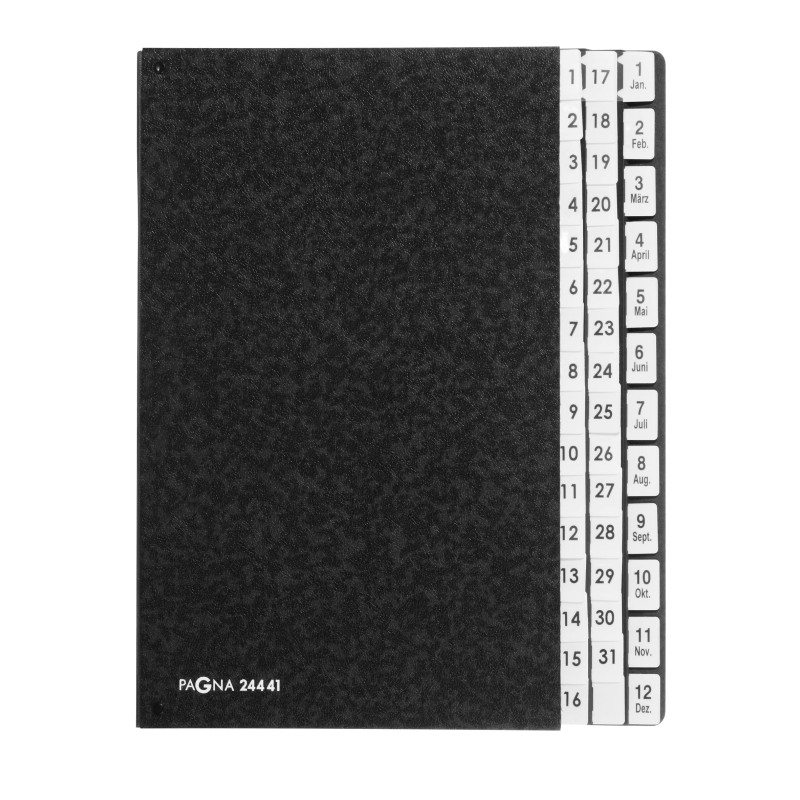 Pagna 24441-04 Classeur de bureau 44 intercalaires en carton rigide Noir Dos flexible 3 trous Onglets 1-2 + 1-12 Jan-Dec Pagna 24441-04 Classeur de bureau 44 intercalaires en carton rigide Noir Dos flexible 3 trous Onglets 1-2 + 1-12 Jan-Dec