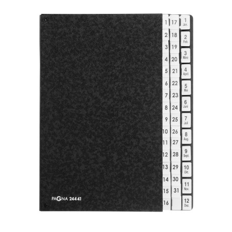 Pagna 24441-04 Classeur de bureau 44 intercalaires en carton rigide Noir Dos flexible 3 trous Onglets 1-2 + 1-12 Jan-Dec