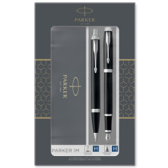 Parker IM Duo coffret-cadeau avec stylo bille et stylo plume | finition noire laquée avec attributs chromés | recharge et cartou