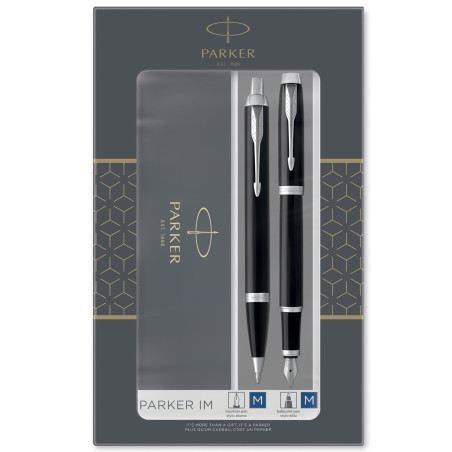 Parker IM Duo coffret-cadeau avec stylo bille et stylo plume | finition noire laquée avec attributs chromés | recharge et cartou