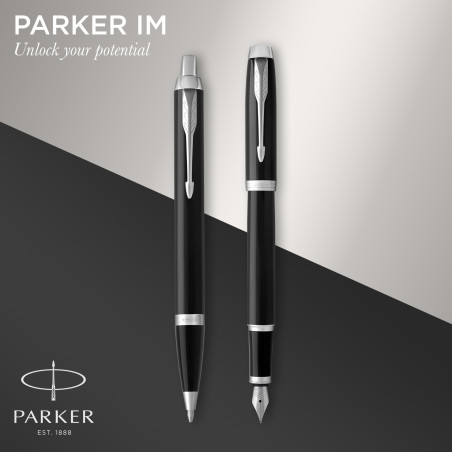 Parker IM Duo coffret-cadeau avec stylo bille et stylo plume | finition noire laquée avec attributs chromés | recharge et cartou