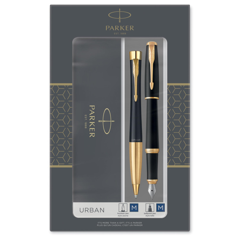 Parker Urban Duo coffret-cadeau avec stylo bille et stylo plume | finition laquée noire pâle avec attributs or | recharge et car Parker Urban Duo coffret-cadeau avec stylo bille et stylo plume | finition laquée noire pâle avec attributs or | recharge et car