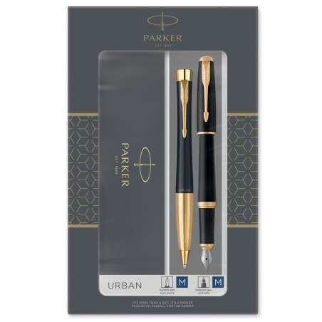 Parker Urban Duo coffret-cadeau avec stylo bille et stylo plume | finition laquée noire pâle avec attributs or | recharge et car