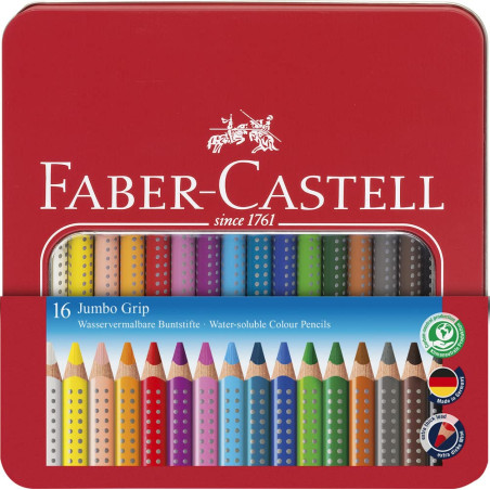 Faber-Castell 110916 - Set de crayons de couleur Jumbo Grip, 16 crayons dans un étui métallique, facilement lavables et incassab
