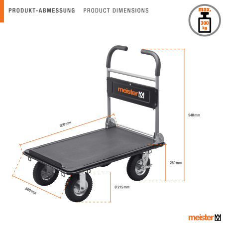 Meister Chariot de plateforme "super cross-over" - Pliable - Jusqu'à 300 kg de charge / Frein de stationnement / Roulettes pivot