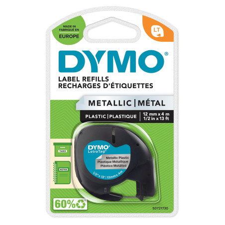 DYMO LetraTag Étiquettes Métallique Authentique | 12 mm x 4 m | Noir sur Argent | Étiquettes autocollantes pour étiqueteuse DYMO