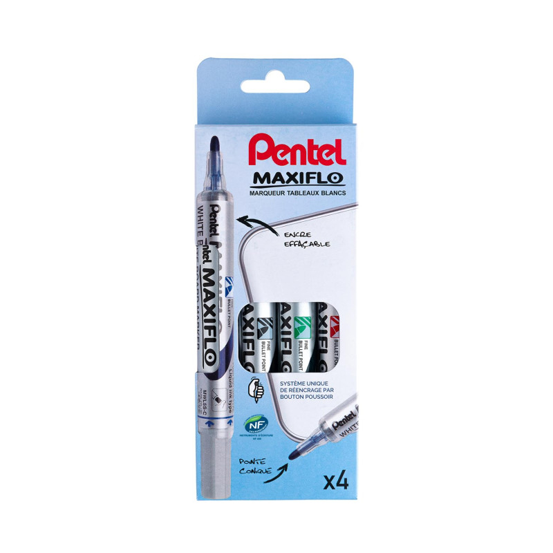 Pentel Maxiflo Pochette 4 Marqueurs tableau blanc Pointe conique moyenne Encre Noir, Bleu, Vert, Rouge Pentel Maxiflo Pochette 4 Marqueurs tableau blanc Pointe conique moyenne Encre Noir, Bleu, Vert, Rouge