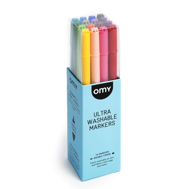OMY - 16 Feutres Ultra-Lavables - Couleurs Éclatantes - Très Faciles à Nettoyer à l'Eau et au Savon - Double Pointe (Fine et Lar OMY - 16 Feutres Ultra-Lavables - Couleurs Éclatantes - Très Faciles à Nettoyer à l'Eau et au Savon - Double Pointe (Fine et Lar
