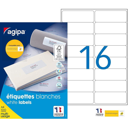AGIPA Bte 1600 étiquette 99,1x33,9 mm (16 x 100F A4) Multi-usage Coin Rond Permanent Blanc