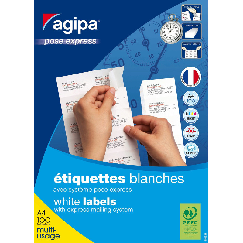 AGIPA Bte 1400 étiquette 105x42,4 mm (14 x 100F A4) Multi-usage Coin Droit Perm. Blanc