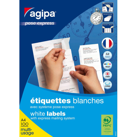 AGIPA Bte 1400 étiquette 105x42,4 mm (14 x 100F A4) Multi-usage Coin Droit Perm. Blanc