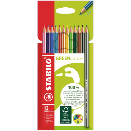 STABILO GREENcolors - Crayon de couleur - Étui carton x 12 crayons de coloriage - Coloris assortis