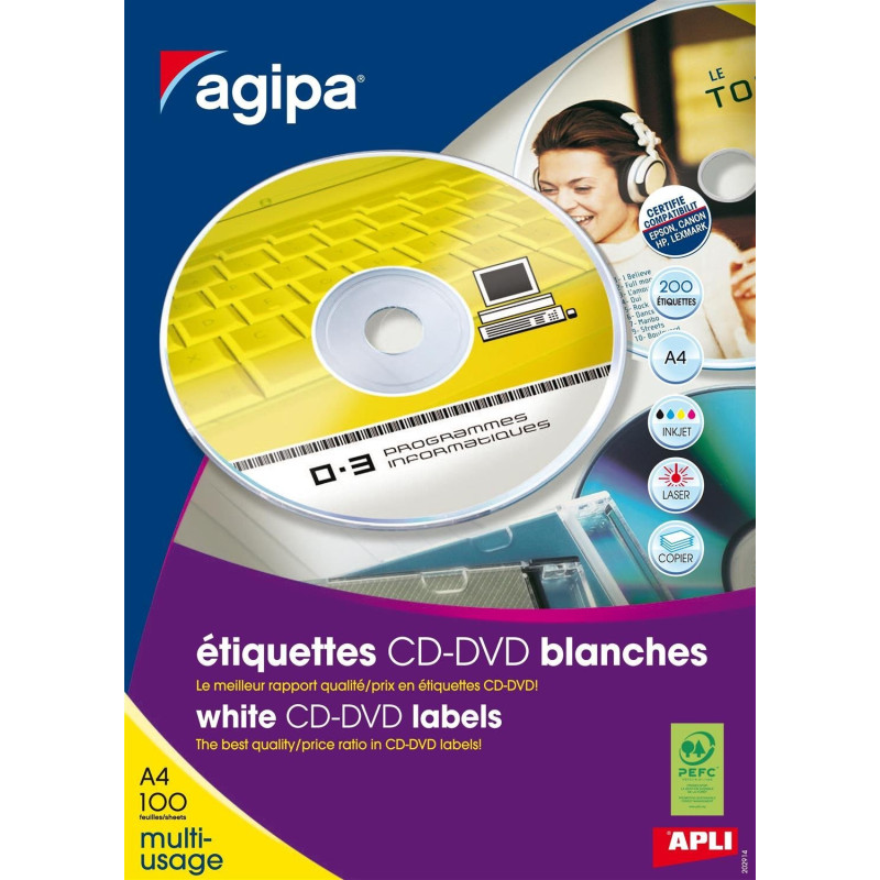 Apli 119884 Boîte de 200 Etiquettes CD/DVD Diam 117
