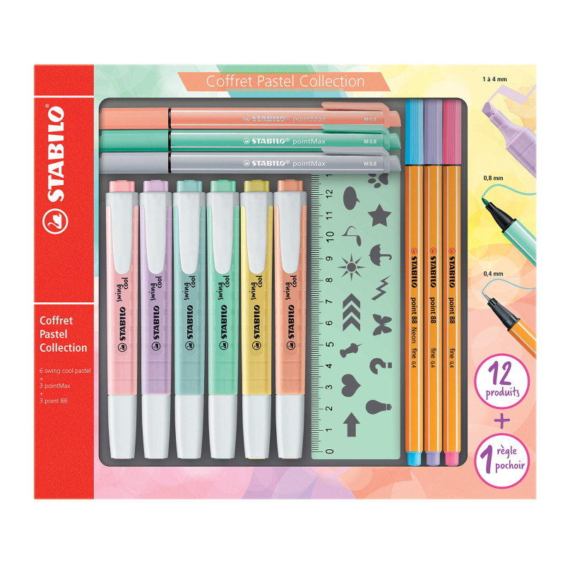 Surligneur STABILO Pastel Collection - Coffret Mixte 13 Pices: 6 STABILO Swing Cool + 3 Pointe 88 + 3 PointeMax + 1 Rgle Pochoir Surligneur STABILO Pastel Collection - Coffret Mixte 13 Pices: 6 STABILO Swing Cool + 3 Pointe 88 + 3 PointeMax + 1 Rgle Pochoir