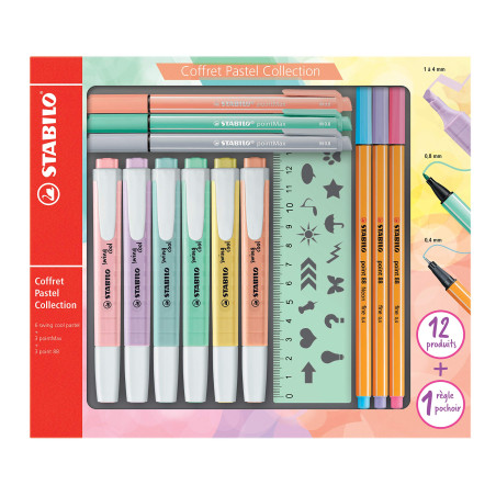 Surligneur STABILO Pastel Collection - Coffret Mixte 13 Pices: 6 STABILO Swing Cool + 3 Pointe 88 + 3 PointeMax + 1 Rgle Pochoir
