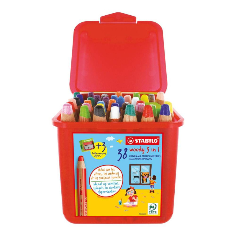 STABILO woody 3in1 - Crayon de couleur - boite x 38 crayons de coloriage + 3 tailles-crayon STABILO woody 3in1 - Crayon de couleur - boite x 38 crayons de coloriage + 3 tailles-crayon