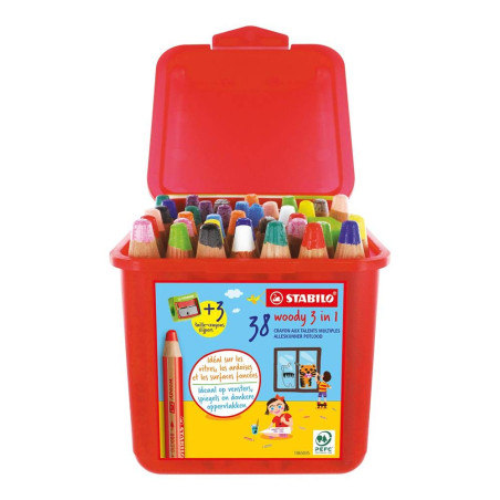 STABILO woody 3in1 - Crayon de couleur - boite x 38 crayons de coloriage + 3 tailles-crayon