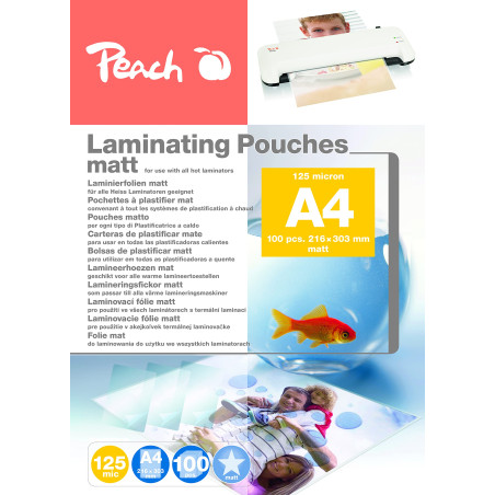 Peach Pochettes de plastification A4-125 microns - 100 pochettes - Mat - Inscriptible - Qualité supérieure pour de meilleurs rés