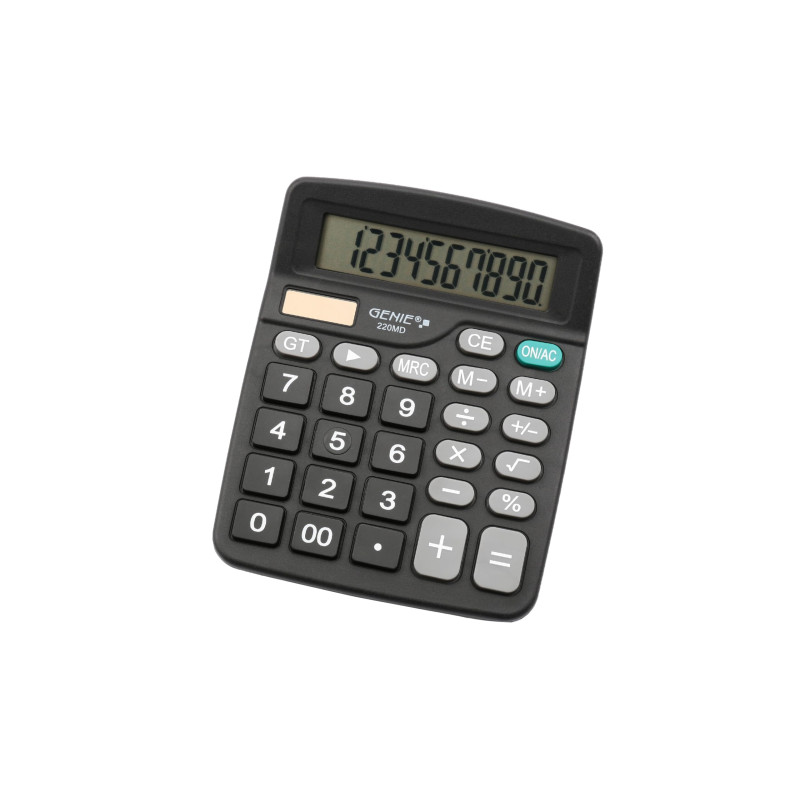Genie Calculatrice de bureau 220 MD, 10 chiffres, double alimentation (solaire et batterie), 1 pièce, design compact, noir Genie Calculatrice de bureau 220 MD, 10 chiffres, double alimentation (solaire et batterie), 1 pièce, design compact, noir