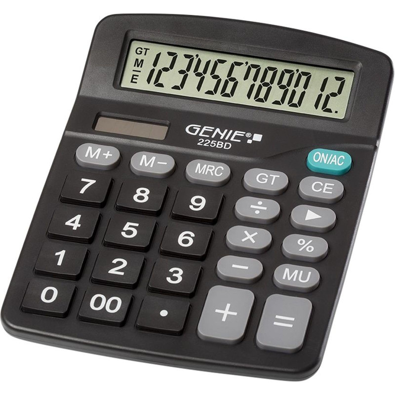 Genie 225 BD Calculatrice de bureau 12 chiffres Dual-Power (Solar et batterie) Design compact Noir Genie 225 BD Calculatrice de bureau 12 chiffres Dual-Power (Solar et batterie) Design compact Noir