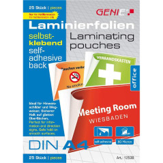 Genie 12538 DIN A4 plastification adhésive brillant, film transparent, épaisseur 80 microns, convient pour les compatibles avec