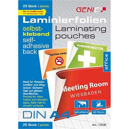 Genie 12538 DIN A4 plastification adhésive brillant, film transparent, épaisseur 80 microns, convient pour les compatibles avec 