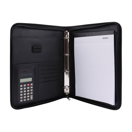 Genie 10742 Porte-documents A4 avec classeur et calculatrice intégrés, plastique résistant aspect cuir avec fermeture Éclair, bl